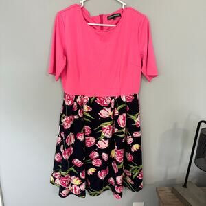 Oxiuly Fashion Pink Floral Swing Dress Women's Size XL Rayon & Polyester Blend